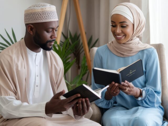 african muslim couple home ramadan reading quran holly islam book